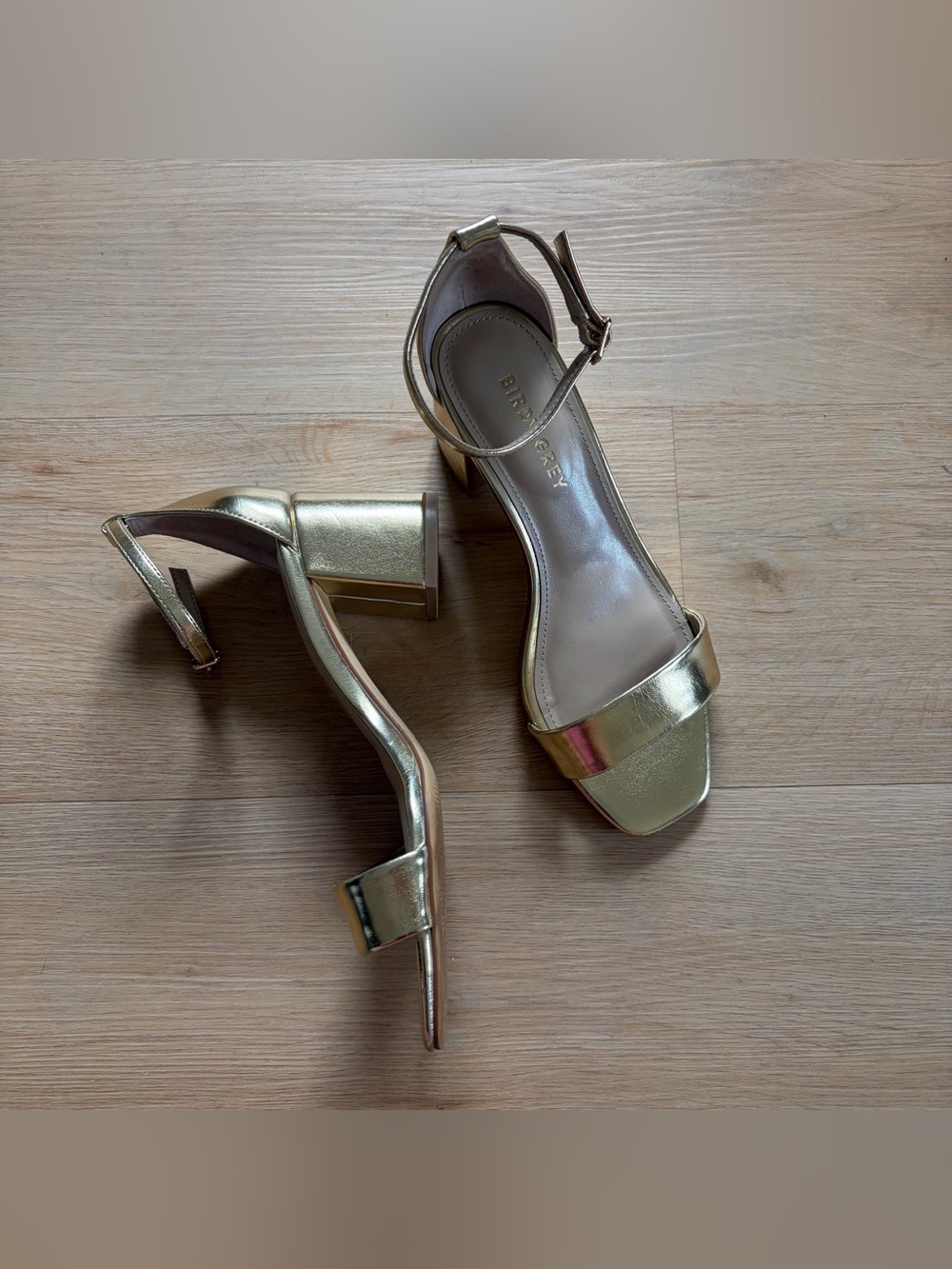 Birdy Grey Metallic Gold Ankle-Strap Block Heels